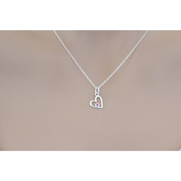 Sterling Silver Birthstone Heart October Tourmaline Pink Crystal Gem Necklace - Picture 1 of 3